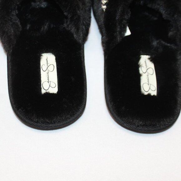 NWT Jessica Simpson Black Fur and Rhinestone Memory Foam Slippers - Picture 4 of 12
